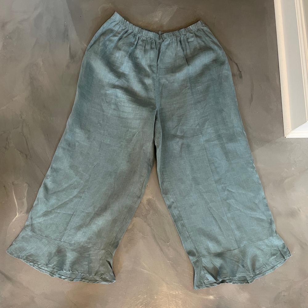 FLAX Women Blue Linen Wide Leg Ruffle Hem Elastic Waist Pants Size M Lagenlook